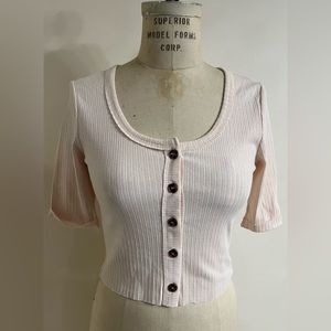 Miss Me Rib Raw Edge Cream Crop 3/4 Sleeve Knit Top Size M